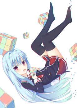 Rule 34 | 1girl, aroma0501, black shirt, black thighhighs, blue hair, blush, bow, chromatic aberration, commentary request, cube x cursed x curious, fear kubrick, female focus, fingernails, hair between eyes, highres, holding, long hair, long sleeves, necktie, no shoes, open mouth, pleated skirt, red eyes, red necktie, red skirt, rubik's cube, sailor collar, school uniform, serafuku, shirt, simple background, skirt, sleeves past wrists, solo, taishuu high school uniform, thighhighs, very long hair, white background, white bow, white sailor collar