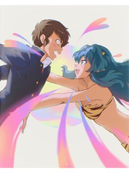 1boy 1girl animal_print bikini black_jacket blue_hair brown_hair commentary cone_horns fang heart highres horns jacket long_hair looking_at_another lum moroboshi_ataru open_mouth pointy_ears print_bikini qrhara555 reaching reaching_towards_another school_uniform short_hair sweatdrop swimsuit symbol-only_commentary teeth tiger_print urusei_yatsura