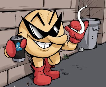 alcohol alley beer beer_can brick_wall can cigarette cigarette_butt drink_can highres pac-man pac-man_(game) sunglasses teevo trash_can