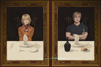 1boy 1girl ashley_graham blonde_hair bob_cut breasts food leon_s._kennedy looking_at_viewer orange_shirt resident_evil resident_evil_4 resident_evil_4_(remake) sardine_(kjr0313) shirt short_hair sweater turtleneck