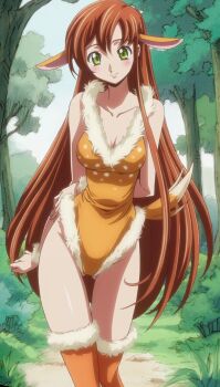animal_ears boots closed_mouth code_geass code_geass:_nunnally_in_wonderland forest fur_leotard fur_trim gluteal_fold highres leotard nature official_alternate_costume shirley_fenette smile thigh_boots