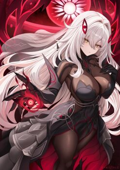 1girl absurdres black_bodystocking black_dress black_gloves breast_suppress breasts claws closed_mouth commentary cowlick dress elbow_gloves eye_hair_ornament eye_symbol eyes_on_wings genshin_impact gloves grey_veil hair_between_eyes hair_intakes hand_on_own_chest high-low_dress highres large_breasts long_hair looking_at_viewer magic powering_up red_background red_wings ronova_(genshin_impact) solo standing symbol-shaped_pupils syn_(synstyle) tight_clothes tight_dress veil very_long_hair white_hair wings yellow_eyes