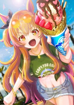 1girl animal_ears blue_shorts blush bow bracelet breasts brown_ribbon commentary_request dated_commentary denim denim_shorts ear_bow english_text eyewear_on_head green_shirt hair_between_eyes highres holding holding_ice_cream_cone horse_ears horse_girl horse_tail ice_cream_cone jewelry long_hair looking_at_viewer mayano_top_gun_(umamusume) medium_breasts midriff navel necklace open_mouth orange-tinted_eyewear orange_eyes orange_hair orange_tail otono_(bkt4b) ribbon round_eyewear shirt short_sleeves shorts smile solo sunglasses tail tied_shirt tinted_eyewear two_side_up umamusume