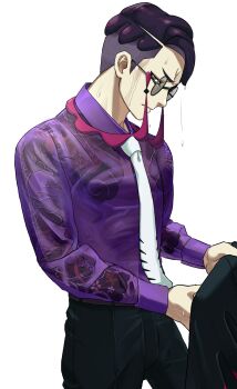 arm_tattoo belt black_pants black_suit cherry_blossoms chest_tattoo cloud collared_shirt commentary_request corbeau_(pokemon) ekans eyewear_strap formal_clothes gen_1_pokemon glasses highres holding_cloth irezumi male_focus matatabi_yoshizou necktie nintendo pants pokemon pokemon_(creature) pokemon_legends:_z-a purple_hair purple_shirt round_eyewear scales see-through_clothes shirt short_hair slit_pupils snake suit tattoo wet wet_clothes wet_hair wet_shirt white_background white_necktie yellow_eyes