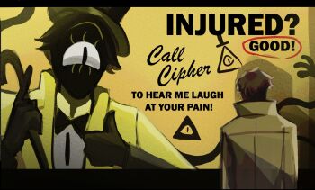 Rule 34 | 2boys, bill cipher, black skin, blood, blood in hair, bow, bowtie, brown hair, cane, coat, colored skin, commentary, english commentary, english text, facial hair, ford pines, frown, gravity falls, half-closed eye, hand on own shoulder, highres, holding, holding cane, meme, multiple boys, n0cturnalcm, personification, shirt, thumbs up, veil scene 14 redraw (meme), yellow coat