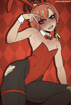 Rule 34 | 1girl, ahoge, animal ear hairband, animal ears, argyle background, bandaid, bandaid on knee, bandaid on leg, bare shoulders, black halo, black pantyhose, blue archive, blush, bow, bowtie, braid, breasts, clenched teeth, collar, commentary, detached collar, drop shadow, english commentary, eyelashes, eyeshadow, fake animal ears, feet out of frame, hair between eyes, hairband, halo, highres, leotard, lips, looking at viewer, makeup, medium breasts, mole, mole under eye, navel, neru (blue archive), neru (bunny) (blue archive), nose, pantyhose, parted lips, patreon username, pink hair, playboy bunny, rabbit ear hairband, rabbit ears, red background, red bow, red bowtie, red eyes, red hairband, red leotard, single braid, sitting, small breasts, solo, stopu, teeth, thigh strap, torn clothes, torn pantyhose, v, v over eye, white collar, white wrist cuffs, wrist cuffs