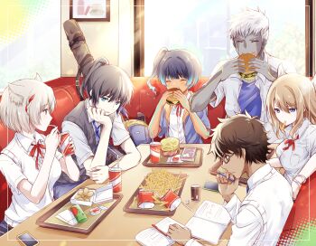 3boys 3girls alternate_costume animal_ear_fluff animal_ears backpack bag black_hair blue_eyes blue_hair blue_hoodie blue_ribbon blue_shirt body_markings bracelet breasts brown_hair burger cat_ears cat_girl cellphone closed_eyes collared_shirt colored_skin commentary_request contemporary cup dark-skinned_male dark_skin diner disposable_cup drink drinking drinking_straw eating eunie_(xenoblade) fiery_hair food food_in_mouth french_fries glasses gradient_hair grey_hair grey_skin grey_sweater_vest highres holding holding_burger holding_cup holding_food holding_pen hood hoodie indoors jewelry lanz_(xenoblade) long_sleeves medium_breasts medium_hair mio_(xenoblade) multicolored_hair multiple_boys multiple_girls neck_ribbon noah_(xenoblade) notebook pen phone red_ribbon ribbon sena_(xenoblade) shirt side_ponytail smartphone sweater_vest taion_(xenoblade) tray ui_frara white_shirt white_sweater_vest xenoblade_chronicles_(series) xenoblade_chronicles_3