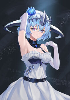 1girl absurdres aqua_hair armor armpits blue_flower blush breastplate breasts cleavage collarbone commentary_request dragon_girl dress elbow_gloves filene_(shadowverse) flower gloves headpiece highres looking_at_viewer medium_breasts nizz parted_lips pink_eyes presenting_armpit shadowverse shadowverse:_worlds_beyond short_hair solo strapless strapless_dress white_dress white_gloves