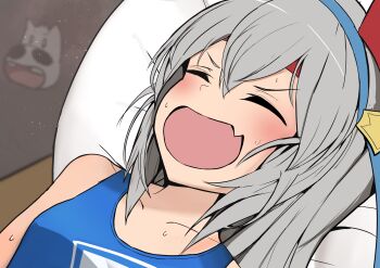 Rule 34 | 1girl, akizuki shigure, blue hairband, blue tank top, blush, breasts, closed eyes, commentary request, fang, grey hair, hair between eyes, hairband, highres, long hair, manatsu no yo no inmu, medium breasts, meme, open mouth, pillow, skin fang, solo, tamamo cross (umamusume), tank top, umamusume, upper body, v-shaped eyebrows, yajuu no houkou (meme)