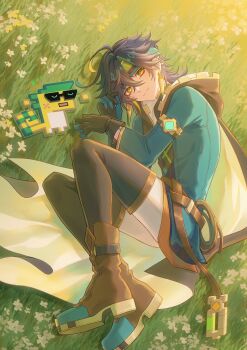 Rule 34 | 1boy, absurdres, ajaw (genshin impact), black gloves, black hair, black hood, black thighhighs, boots, brown shoes, closed mouth, earrings, genshin impact, gloves, grass, green eyes, green hair, green jacket, hair between eyes, headband, highres, jacket, jewelry, kinich (genshin impact), liu (erzplubdduik93g), lying, male focus, multicolored hair, on grass, shoes, short hair, smile, streaked hair, thighhighs, two-tone gloves