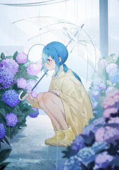1girl ahoge blue_hair blurry blurry_foreground boots commentary day flower from_side full_body highres holding holding_umbrella hydrangea long_hair long_sleeves looking_ahead low_ponytail murumuru_(pixiv51689952) original outdoors ponytail power_lines profile purple_flower rain raincoat red_eyes sidelocks solo squatting transparent transparent_umbrella umbrella utility_pole yellow_boots yellow_raincoat