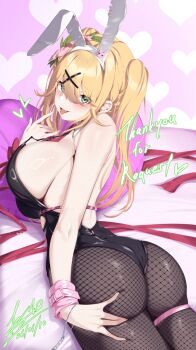 1girl adversarial_noise animal_ears black_leotard blonde_hair blush breasts cleavage commentary commentary_request english_commentary esto_0079 fishnets highres large_breasts leotard long_hair on_bed original pantyhose playboy_bunny ponytail rabbit_ears solo tongue tongue_out wrist_cuffs