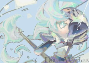 Rule 34 | 1girl, armor, blue background, broken helmet, colored skin, cookie run, cookie run: kingdom, daydreamer kafi, grey eyes, holding, holding weapon, long hair, long sleeves, salt cellar cookie, solo, very long hair, watermark, weapon, white hair, white skin