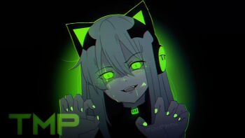 Rule 34 | 1girl, animal ear headphones, animal ears, anska, bad id, bad twitter id, black background, cat ear headphones, cat ears, character name, claw pose, empty eyes, fake animal ears, fangs, girls' frontline, glowing, glowing eyes, green eyes, green nails, grey hair, hair between eyes, head tilt, headphones, long hair, looking at viewer, mechanical ears, neon trim, open mouth, smile, solo, tmp (girls' frontline), twitter username, yandere