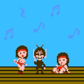 1boy 2girls alien antennae arm_support black_eyes black_socks blue_background breasts brown_hair clothing_aside headband leotard leotard_aside looking_at_viewer medium_breasts multiple_girls musical_note musical_note_background namco nipples off-shoulder_leotard off_shoulder one_eye_closed open_mouth pixel_art pointy_ears pubic_hair red_leotard red_shoes saiwai_hiroshi sanma_no_meitantei shoes short_hair sitting smile socks spread_legs standing sunglasses teeth wink