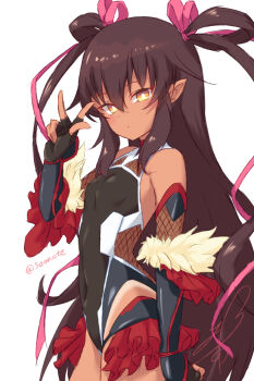 Rule 34 | 1girl, absurdres, bright pupils, brown hair, commentary request, covered navel, dark-skinned female, dark skin, fishnets, flat chest, frilled leotard, frills, hair ribbon, hand up, highres, leotard, mizuki yukikaze, one-piece tan, pink ribbon, pointy ears, ribbon, simple background, soanote, solo, taimanin (series), taimanin suit, taimanin yukikaze, tan, tanline, twitter username, two side up, white background, white pupils, yellow eyes