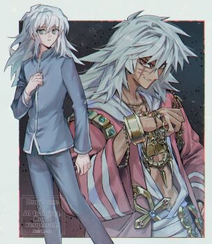 2boys 4_cdq bakura_ryou blue_pants blue_shirt coat dark-skinned_male dark_skin dual_persona green_eyes hair_between_eyes long_hair long_sleeves looking_at_viewer male_focus millennium_key millennium_ring multiple_boys open_clothes open_coat pants red_coat red_eyes scar scar_on_face school_uniform shirt touzokuou_bakura white_hair yu-gi-oh! yu-gi-oh!_duel_monsters