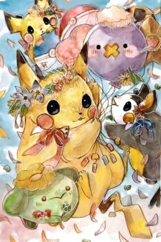 absurdres animal_focus balloon commentary_request drifloon emolga fluefluekoubo26 fluffy flying flying_squirrel gen_1_pokemon gen_2_pokemon gen_4_pokemon gen_5_pokemon grass highres nintendo no_humans painting_(medium) pichu pikachu poke_ball pokemon pokemon_(creature) pokemon_focus skiploom solid_oval_eyes squirrel traditional_media watercolor_(medium)