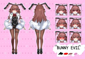 Rule 34 | !, !!, 1girl, ?, ahoge, animal ears, black leotard, black pantyhose, black shoes, blush, borzoii, bow, bowtie, broken heart, broken heart hair ornament, brown hair, character name, closed mouth, color guide, commentary, commission, detached collar, english commentary, evil neuro-sama, fake animal ears, fang, from behind, full body, fur scarf, hair between eyes, hair ribbon, heart, high heels, highres, leotard, long hair, multiple views, neuro-sama, open mouth, pantyhose, pink background, playboy bunny, rabbit ears, rabbit tail, red bow, red bowtie, red eyes, red ribbon, ribbon, shoes, skin fang, standing, straight-on, strapless, strapless leotard, tail, thigh strap, two side up, vedal ai, virtual youtuber, wrist cuffs