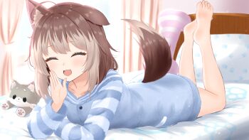 1girl :d ^_^ absurdres animal_ear_fluff animal_ears arm_support barefoot bed bone-shaped_pillow brown_hair closed_eyes curtains dog_ears dog_girl dog_tail fangs fluffy_clothes full_body hasuki_rui highres hood hood_down hoodie indie_virtual_youtuber indoors long_sleeves loungewear lying medium_hair multicolored_hair on_bed on_stomach open_mouth paashe paw_print pillow single_ear_down smile stuffed_animal stuffed_dog stuffed_toy tail two-tone_hair virtual_youtuber window