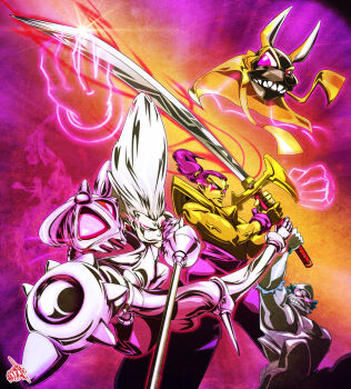 4boys anubis_(stand) chaka_(jojo) grey_hair jean_pierre_polnareff jojo_no_kimyou_na_bouken khan_(jojo) male_focus multiple_boys pink_hair silver_chariot stand_(jojo) sword uc-lab weapon