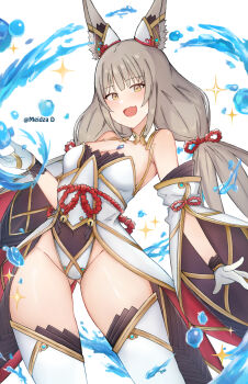 1girl absurdres animal_ears bare_shoulders breasts cleavage cowboy_shot dress grey_hair highres medium_breasts meidza_d nia_(blade)_(xenoblade) nia_(xenoblade) simple_background solo strapless strapless_dress water white_background white_dress xenoblade_chronicles_(series) xenoblade_chronicles_2
