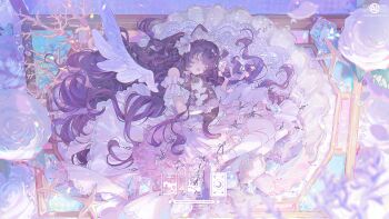 1girl animal animal_ear_fluff animal_ears armband black_bow blurry blurry_foreground blush bow bubble cat closed_eyes coral dress dress_bow feathered_wings feathers flower frilled_armband frilled_dress frills full_body hair_bow highres holding holding_animal holding_cat lace lying maid_headdress off-shoulder_dress off_shoulder on_side open_mouth original purple_bow purple_hair socks starfish umehara_sei wavy_hair white_feathers white_flower white_socks wings