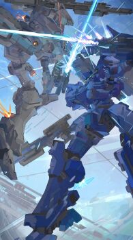 621_(armored_core_vi) absurdres armored_core armored_core_vi:_fires_of_rubicon assault_rifle duel energy_sword glowing glowing_eye green_eyes gun highres holding holding_gun holding_weapon loader_4 locksmith_(armored_core_vi) mecha mecha_focus no_humans nslacka one-eyed rifle robot science_fiction sword sword_clash v.i_freud weapon