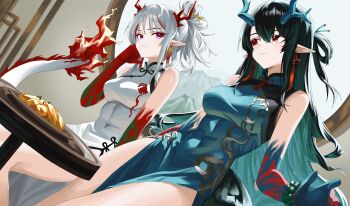 2girls absurdres aqua_dress aqua_hair arknights bare_shoulders beads black_hair braid breasts cheong_seol china_dress chinese_clothes colored_extremities colored_inner_hair commentary dragon_girl dragon_horns dragon_tail dress dusk_(arknights) dusk_(everything_is_a_miracle)_(arknights) dutch_angle earrings food grey_hair hair_between_eyes highres horns jewelry light_smile long_hair looking_at_another medium_breasts medium_hair multicolored_hair multiple_girls nian_(arknights) nian_(unfettered_freedom)_(arknights) official_alternate_costume plate pointy_ears purple_eyes red_eyes round_table siblings side_slit sisters sleeveless sleeveless_dress table tail