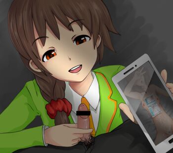 Rule 34 | 1boy, 1girl, aftersex, amaderoka, breasts, brown hair, bukkake, casting couch, cellphone, cellphone photo, cum, holding, holding phone, humiliation, idolmaster, idolmaster cinderella girls, medium breasts, medium penis, netorare, open mouth, penis, phone, photo (object), photo comparison, red eyes, sakuma mayu, senkawa chihiro, small penis, small penis humiliation, smartphone, tongue, tongue out, two-finger handjob, v