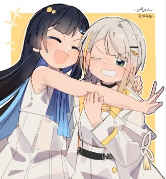 +++ 2girls a.i._voice anger_vein asymmetrical_bangs belt black_choker black_hair blonde_hair blonde_streaks blue_hair blue_ribbon blunt_bangs border cevio choker closed_eyes colored_inner_hair dress forced_hug futaba_minato gradient_neck_ribbon green_eyes grey_hair hair_ornament hairclip hug jacket long_hair long_sleeves medium_hair multicolored_hair multiple_girls nimingduz one_eye_closed open_clothes open_jacket open_mouth outside_border ribbon shirt single_hair_intake single_sidelock skirt sleeveless sleeveless_dress smile streaked_hair sweatdrop swept_bangs tassel teeth tsunose_kotone two-tone_background v-shaped_eyebrows white_border white_dress white_jacket white_shirt white_skirt yellow_background
