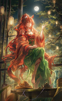 1girl animal_ears arknights artist_name barefoot bracelet commentary crossed_bangs cup dress earrings english_commentary flower full_moon hair_flower hair_ornament helen_zzhao highres horse_ears horse_girl jewelry lantern long_hair mid-autumn_festival moon mooncake narantuya_(arknights) night night_sky on_railing ponytail railing red_dress red_hair sidelocks sitting sky solo teacup teapot tree very_long_hair watermark