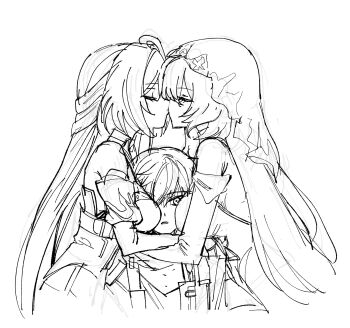 1boy 2girls absurdres acheron_(honkai:_star_rail) between_breasts black_swan_(honkai:_star_rail) breasts caelus_(honkai:_star_rail) closed_eyes face_between_breasts head_between_breasts highres honkai:_star_rail honkai_(series) kiss long_hair multiple_girls noisy9p one_eye_covered simple_background sketch trailblazer_(honkai:_star_rail) upper_body white_background