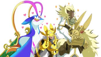 1boy 1girl ana_(softkeychains) armor blonde_hair blush_stickers commentary cowboy_shot dark-skinned_male dark_skin diarbbitmon digimon digimon_(creature) english_commentary fox_mask gold_armor grey_hair group_picture heart highres holding holding_mask jacket long_hair mask ryugumon sakuyamon simple_background sparkle upper_body white_background white_jacket