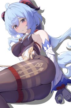 1girl absurdres ahoge arms_behind_back ass bare_shoulders bdsm blue_hair blush bodystocking bondage bound breasts brown_eyes ganyu_(genshin_impact) genshin_impact highres horns long_hair looking_at_viewer medium_breasts moni_(moni7475) shibari shibari_over_clothes skin_tight skindentation solo