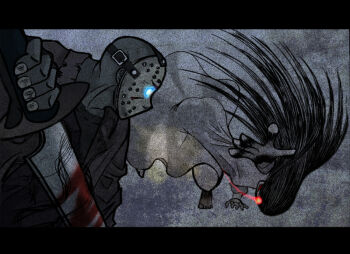 1boy 1girl bald battle black_hair blue_eyes commentary_request crossover dress friday_the_13th ghost_girl glowing glowing_eye hair_over_eyes hair_over_face hair_over_one_eye hockey_mask holding holding_machete jacket jason_voorhees lens_vermilion long_hair machete mask mask_on_head mask_over_one_eye open_mouth red_eyes shirt the_ring torn_clothes torn_jacket weapon white_dress yamamura_sadako