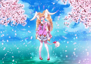 Rule 34 | 1girl, 2021, angel girl, cherry blossoms, dress, ear wings, indie virtual youtuber, ivanwindstudios, knees together feet apart, purple dress, sakura tree, solo, standing, sylatria, white wings, wings