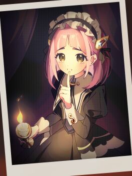 1girl absurdres arched_bangs black_dress brown_eyes candle candle_wax candlestand commentary dress ebi_(shrimp_eleven) fire hair_ornament hairclip highres holding_candlestand index_finger_raised juliet_sleeves lacey_(fall_2025)_(pokemon) lacey_(pokemon) long_sleeves maid maid_headdress nintendo official_alternate_costume photo_(object) pink_hair pokemon pokemon_masters_ex puffy_sleeves short_hair solo symbol-only_commentary