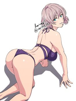 1girl all_fours aqua_eyes arched_back ass bare_arms bare_legs bare_shoulders baron_(varon666) bikini breasts commentary commentary_request gridman_universe hair_between_eyes highres large_breasts looking_at_viewer looking_back medium_hair mujina pink_hair purple_bikini signature simple_background solo ssss.dynazenon ssss.gridman swimsuit twitter_username white_background