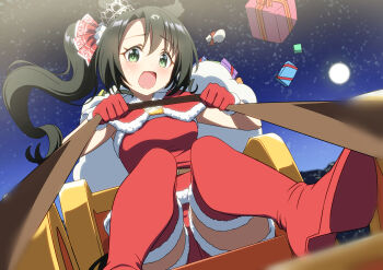 1girl absurdres animal_ears baasaku_(balasaku24) black_hair blush boots box breasts capelet christmas commentary_request ear_ornament ear_through_crown fur-trimmed_capelet fur-trimmed_shorts fur_trim gift gift_box gloves green_eyes hair_between_eyes highres holding holding_reins horse_ears horse_girl horse_tail long_hair looking_at_viewer medium_breasts multicolored_hair night open_mouth red_boots red_capelet red_gloves red_shirt red_shorts reins sack santa_costume satono_crown_(umamusume) shirt shorts side_ponytail sitting sky sleigh solo streaked_hair tail thigh_boots umamusume white_hair