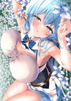 1girl bare_shoulders blue_hair blue_skirt breasts cleavage elf eyelashes flower flower_bed highres hololive large_breasts lying mizuno_kurage on_back pointy_ears shirt skirt solo virtual_youtuber white_flower white_shirt yellow_eyes yukihana_lamy