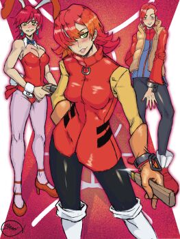 Rule 34 | 3girls, animal ears, bhazuart, black pants, blush, boots, brown sleeves, brown vest, earrings, fake animal ears, fake tail, fingernails, flcl, full body, green eyes, gun, haruhara haruko, high heels, highres, holding, holding gun, holding knife, holding weapon, jacket, jewelry, knife, latex, leotard, looking at viewer, multiple girls, pants, pantyhose, purple hair, rabbit tail, red jacket, red leotard, red nails, red shirt, red shoes, ribbon, sharp teeth, shirt, shoes, short hair, signature, smile, tail, teeth, upper body, upper teeth only, vest, weapon, white boots, white pantyhose, wrist cuffs