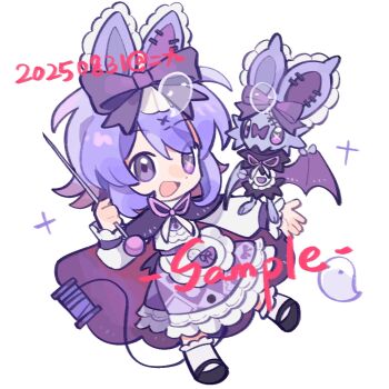 Rule 34 | 1girl, animal ears, bat (animal), bow, cape, chibi, chibi only, chinese commentary, clothed pokemon, commentary request, commission, dress, erjiusanshi, fake animal ears, gen 6 pokemon, ghost, hair bow, matching outfits, nintendo, noibat, open mouth, original, pokemon, pokemon (creature), purple bow, purple cape, purple dress, purple eyes, purple hair, sample watermark, simple background, smile, solo focus, watermark, white background