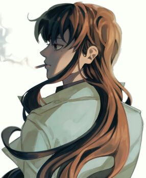 1girl black_eyes black_shirt brown_hair character_request check_character cigarette coat collared_shirt from_behind hair_over_shoulder highres long_hair looking_to_the_side mole mole_under_eye nadardoh omniscient_reader&#039;s_viewpoint open_clothes open_coat popped_collar shirt smoke smoke_trail smoking solo upper_body white_coat yoo_sangah