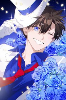 Rule 34 | 1boy, blue flower, blue rose, blue shirt, blush, collared shirt, commentary request, flower, gloves, grin, hat, holding, holding unworn clothes, holding unworn hat, jacket, kaitou kid, korean commentary, looking at viewer, magic kaito, male focus, necktie, one eye closed, red necktie, rose, sanddek, shirt, smile, solo, sparkle, suit jacket, top hat, unworn hat, unworn headwear, white gloves, white hat, white jacket