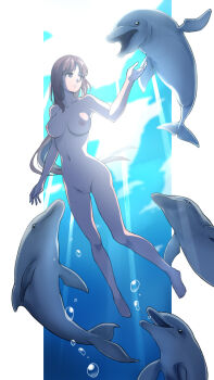 1girl after_war_gundam_x barefoot bilingual_commentary breasts brown_eyes brown_hair commentary completely_nude dolphin floating_hair freediving full_body gundam laofuzi_dai_bansho long_hair medium_breasts mixed-language_commentary navel nipples nude nudist pussy revision skinny_dipping solo swimming tiffa_adill underwater very_long_hair