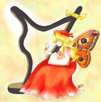 1girl blonde_hair closed_eyes closed_mouth detached_sleeves dress harp hat highres hourai_girl_(touhou) insect_wings instrument light_smile long_hair moth_wings music pechi_(h0t_c0ffee) playing_instrument portrait_of_exotic_girls red_dress red_hat ribbon signature simple_background solo touhou wavy_hair white_sleeves wide_sleeves wings yellow_ribbon