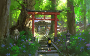 Rule 34 | 1girl, backpack, bag, black hat, blue dress, dress, flower, forest, fox statue, from behind, hat, highres, inari, kindergarten uniform, ling xiang, long sleeves, nature, original, randoseru, red shoes, rock, ruins, school hat, shoes, shrine, solo, stairs, standing, statue, stone lantern, torii, tree