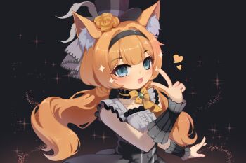 1girl :3 :d animal_ear_fluff animal_ears aqua_eyes black_background black_choker black_dress black_hairband black_hat black_wrist_cuffs blue_archive blush breasts cat_ears center_frills chinese_commentary choker collarbone commentary dark_background double-parted_bangs dress flower frilled_choker frilled_dress frilled_wrist_cuffs frills grey_dress hairband hand_up hat hat_feather hat_flower heart highres long_hair looking_at_viewer low_twintails making-of_available mari_(blue_archive) mari_(idol)_(blue_archive) official_alternate_costume open_mouth orange_hair sidelocks sleeveless sleeveless_dress small_breasts smile solo sparkle top_hat twintails two-tone_dress upper_body v wangcorain wrist_cuffs yellow_flower