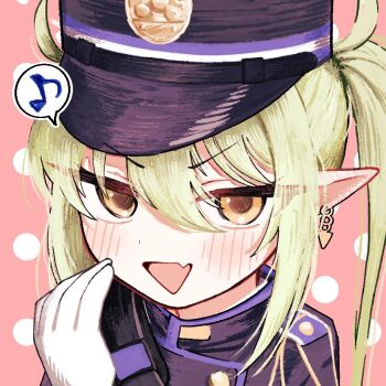 1girl blue_archive blue_coat blue_hat blush buttons coat commentary_request dot_nose double-breasted earrings fang gloves green_hair hand_up hat high_collar jewelry looking_at_viewer musical_note nozomi_(blue_archive) onibi_(demonsfireonibi) open_mouth peaked_cap pink_background pointy_ears polka_dot polka_dot_background portrait simple_background single_earring skin_fang solo speech_bubble twintails white_gloves yellow_eyes